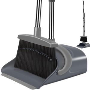Broom and Dustpan Set, Dust pan with Long Handle, Broom with Dustpan Combo Set, Broom and Dustpan for Home, Indoor or Outdoor Cleaning Tool (Deep Gray&Light Gray)