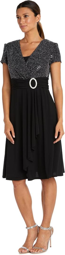 R&M Richards Women's Glitter Cascade Faux Wrap Dress W/Buckle Waist & Modesty Panel, 14W (Medium)