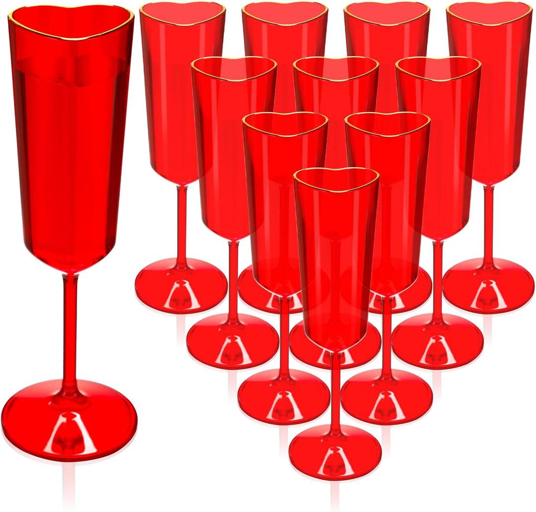 12 Pcs Valentine's Day Heart Shape Plastic Champagne Flute Glasses with Gold Rim Gift Set 5 oz Elegant Red Cocktail Toasting Glasses Wine Cup Bulk for Wedding Bridal Birthdays Party Supplies