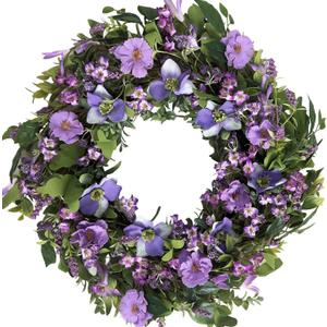 22 Inch Spring Summer Everyday Wreath for Front Door, Purple Lavender Hyacinth Flower Wreath with Green Leaves Indoor Outdoor, Purple Floral for Door Window Wall