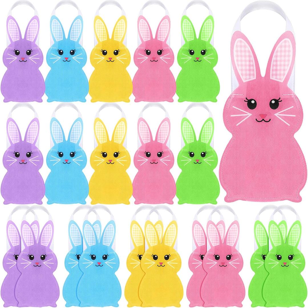 Chunful 20 Pieces Easter Non Woven Gift Tote Bags, Easter Bunny Treat Goodie Bags Bulk with Handles for Kids Egg Hunt Party Favor Supplies(Bunny Style)