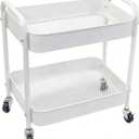 Under Desk Storage Cart 2 Tier Utility Rolling Cart with Wheels, Small Metal Mobile Trolley with Handle Two Tiered Utility Organizer Roller for Kitchen Office Bathroom Pantry Room, White