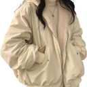 Sumleno Sherpa Jacket for Women Teen Girls Reversible Y2k Zip Up Hoodie Fleece Fur Grunge Winter Coat Cutecore Korean Clothes (Beige, L)