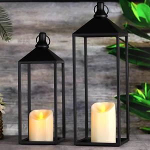 Modern Farmhouse Lanterns Decorative Indoor & Outdoor, 17" 13" Set of 2 Black Vintage Lantern with Flameless Candles, Metal Rustic Lantern Decor for Room, Porch, Mantle, Patio, Home Decor
