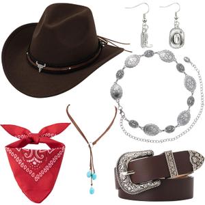 FEYIR Western Cowgirl Outfit for Women Cowboy Hat Bandana Earrings Belt for Halloween Cosplay Cowgirl Costume Accessories