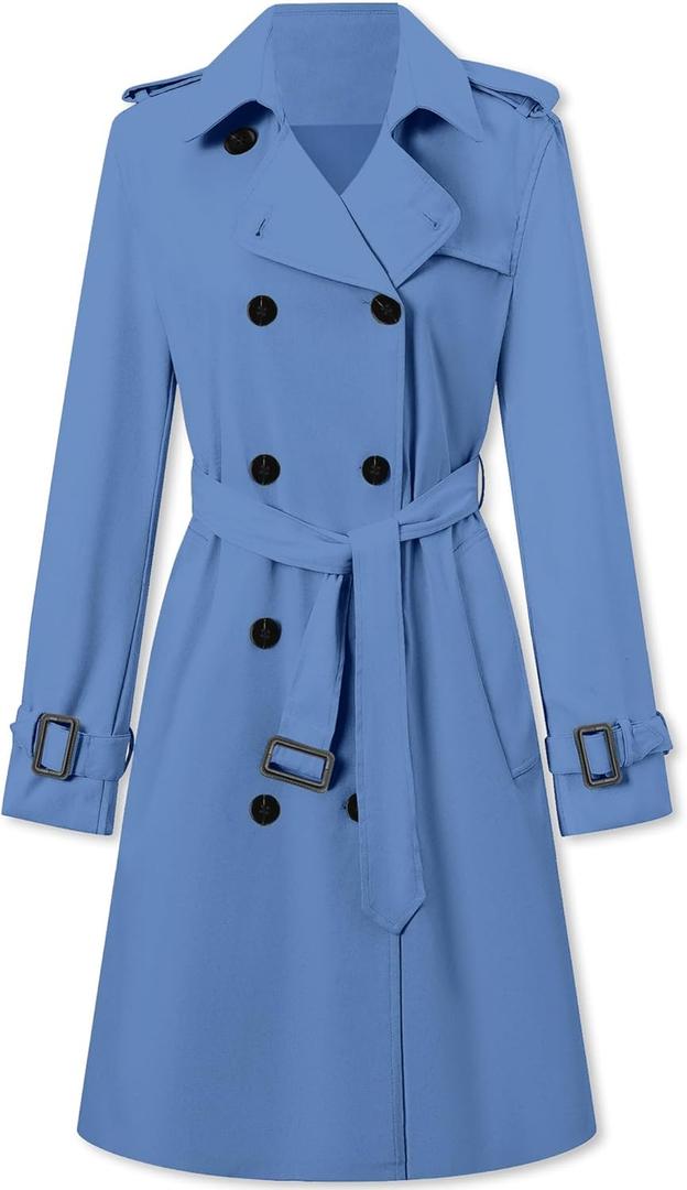 Betusline Women's Double Breasted Waterproof Trench Coat Classic Lapel Overcoat with Belt (Blue, M)