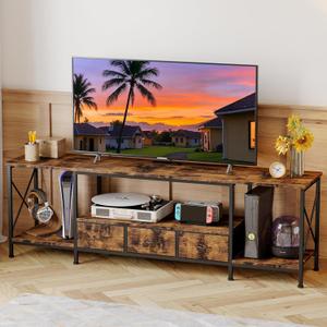YGEOMER TV Stand Entertainment Center for 65 Inch TV with Power Outlets TV Console Table with Metal Frame Storage Shelves and Fabric Drawers for Living Room, Bedroom 63" Rustic Brown (Depth Size13.8inch)