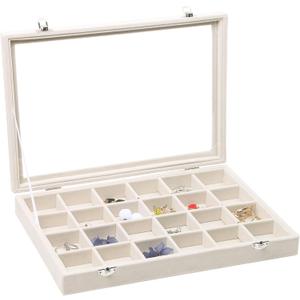 Stratalife Jewelry Organizer Jewelry Tray with See-through Lid 24 Grids Earring Display Showcase Large Velvet Storage Box for Earring Necklace Rings Dice Beige