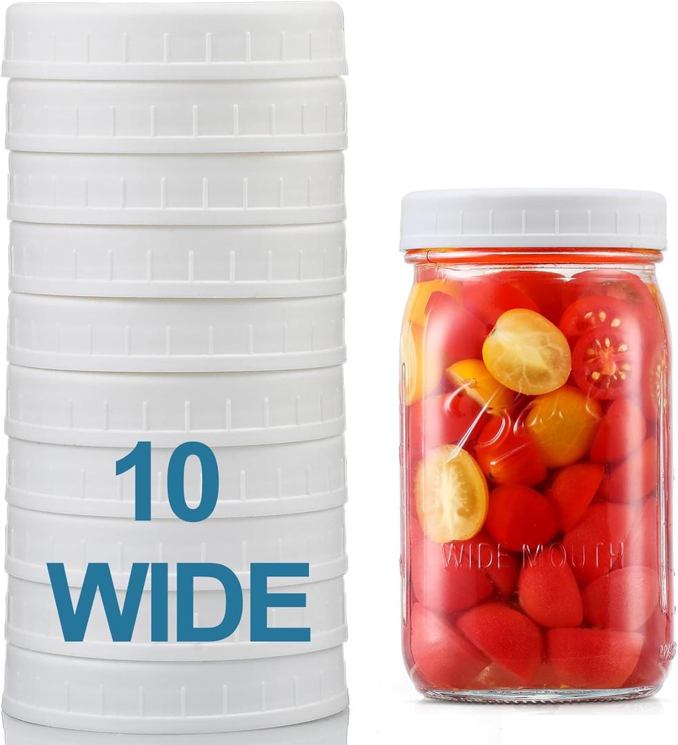AOZITA [10 Pack] WIDE Mouth Mason Jar Lids for Ball, Kerr and More - White Plastic Storage Caps for Mason/Canning Jars - Leak-Proof, Dishwasher Safe & Food Grade