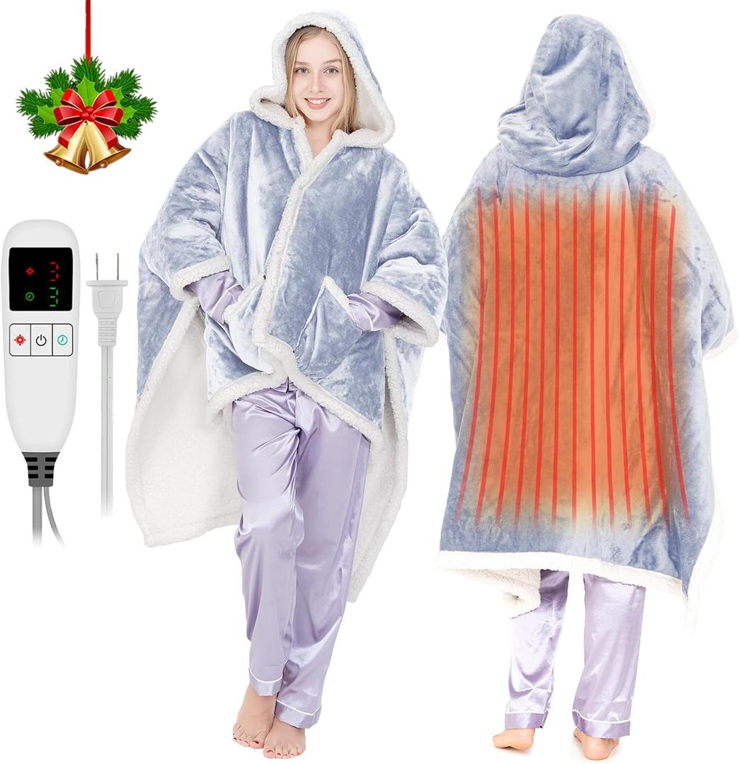 Heated Shawl Wrap Electric Snuggle Throw Wearable Heated Throw Blanket for Women Heated Poncho with Sleeves Flannel&Sherpa Electric Robe Heated Throw Hoodie Blanket with 9 Temp 51"x63" (Light Grey Throw)