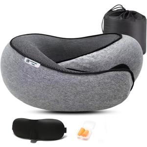 Ergonomic Memory Foam Travel Pillow - 360 Neck & Head Support, Breathable Cover, Portable with Travel Bag, Includes 3D Sleep Mask & Earplugs, Essential for Airplane Travel