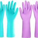 Elgood Reusable Dishwashing Cleaning Gloves with Latex free, Cotton lining,Kitchen Gloves 2 Pairs,Purple+blue Medium