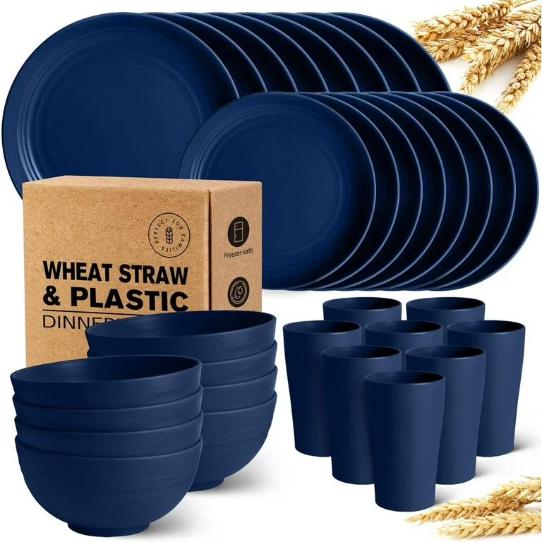 Teivio 32-Piece Kitchen Plastic Wheat Straw Dinnerware Set, Service for 8, Dinner Plates, Dessert Plate, Cereal Bowls, Cups, Unbreakable Colorful Plastic Outdoor Camping Dishes, Midnight Blue