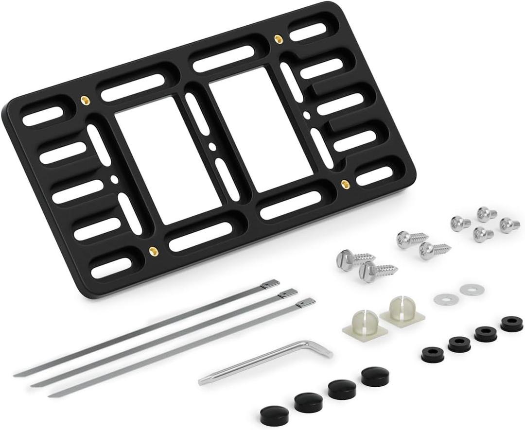 No Drill Front License Plate Bracket Holder - Universal License Plate Frame for Car Truck Van SUV with Galvanized Screw and Anti-Theft Bolt Caps, Stainless Steel Metal Binding Tape and Wrench Set