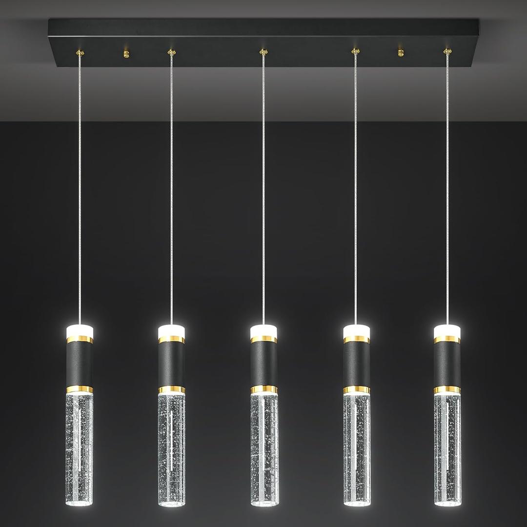 Pendant Lights Kitchen Island, Dimmable LED Pendant Light Fixtures, Black Gold Pendant Light Modern with Bubble Crystal Pendant Light, Pendant Lighting for Kitchen Island Dining Room 5-Light