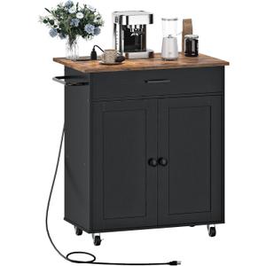 Kitchen Island, Kitchen Island Cart with One Double Cabinet and Drawer, Rolling Storage Cart with Power Strip, with Drop Leaf, for Kitchen, Living Room, Black and Rustic Brown MZD01UBFN1