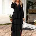 BerryGo Womens Flowy Maxi Dress Chiffon Long Sleeve Slit V Neck Casual Ruffle Tiered Boho Fall Wedding Guest Long Dress (Black, M)
