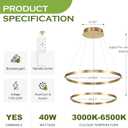 Benkut 2-Rings Modern LED Chandelier Gold for Dining Room, Circular Flush Mount Ceiling Chandelier Light Dimmable Pendant Light with Remote Control for Living Room Entrance Foyer, 3000K-6500K
