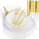 Liacere 175PCS White and Gold Plastic Plates - Gold Plate Include 50Plastic Plates, 25Forks, 25Spoons, 25Knives, 25Napkins, 25Champagne Flutes Plastic for Party & Wedding & Christmas & New Year