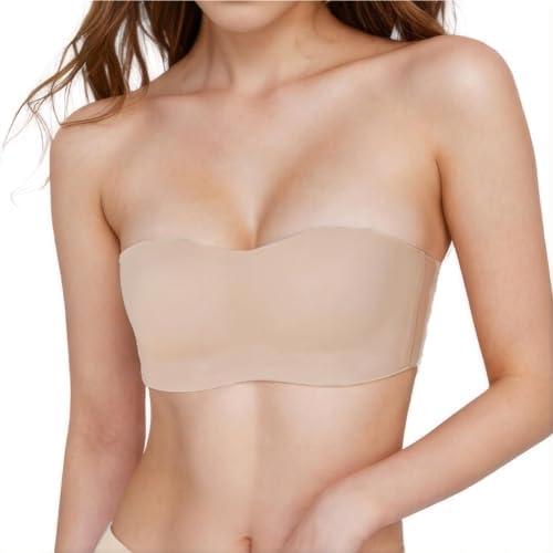 BDLLMDES Strapless Bras for Women Bandeau Bra Padded Bralette Non-Slip Wireless Bra with 2Straps Suitable for Strapless Dress Nude,L