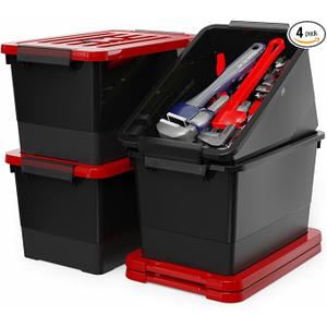 WYT 17 Quart Stackable Plastic Storage Bins with Red Lids, 4 Pack Black Containers with Latching Buckles and Handle, Durable Nestable Boxes Organizing for Closet, Garage, Tool Room