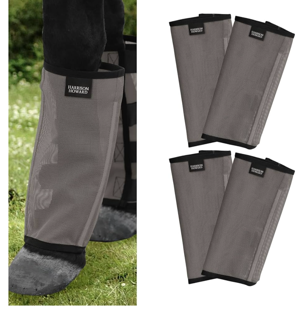 Harrison Howard Loose Fitting Fly Boots UV-Protective Extra Tough Mesh Ventilated Four Fasteners Stay-on Design Protect Horse Legs & Stomp-Reducing Set of 4 Dark Grey Small