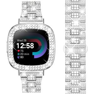 Dsytom Bling Stylish Watch Band Compatible With Fitbit Versa 4, Sense 2, Versa 3, Sense - Cute Strap With Rhinestone Protective Case Cover for Women (Silver)