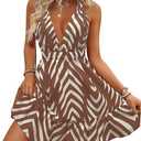 SOLY HUX Women's Allover Print Summer Dress Halter Deep V Neck Ruffle Hem Short Dresses Khaki Chevron, Large