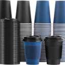 SIUQ 100 Pack 12 oz Coffee Cups with Lids, Disposable Paper Coffee Cups with Sleeves for Hot/Cold Drinks Parties, Picnic, Travel, and Events (Navy and Black)