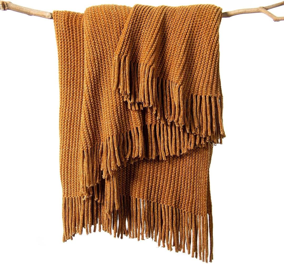 lifein Throw Blanket for Couch, Soft Boho Decor Bed Throw,Cozy Brown Knitted Chenille Small Knit Farmhouse Lightweight Throw (Golden Brown,50 * 60")