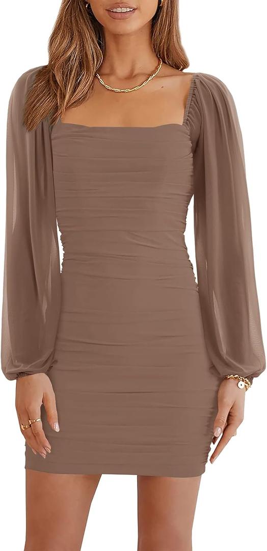 Wenrine Women's Mesh Long Sleeve Square Neck Ruched Party Club Cocktail Bodycon Mini Dress (Brown, XS)