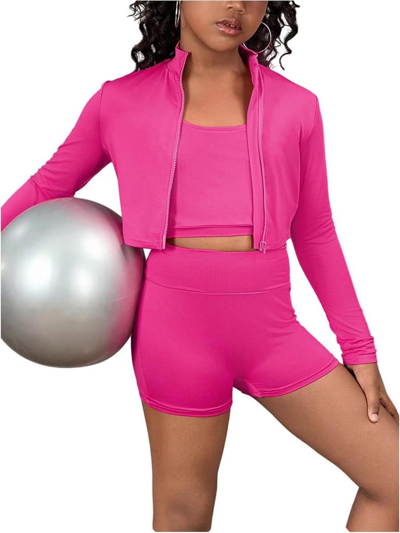 Floerns Girl's 3 Piece Workout Outfit Long Sleeve Zipper Jacket Biker Shorts Set with Tank Tops (Hot Pink)