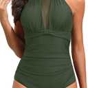 Tempt Me Women One Piece Swimsuit High Neck Plunge Ruched Tummy Control Bathing Suit (Small, Deep Ocean Green)