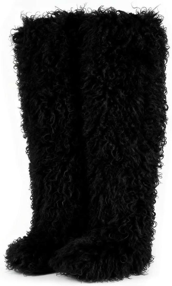 Over the Knee Boots for Women 29 inchs Faux Fur Boots Flat Thigh High Boots (11W, Black)