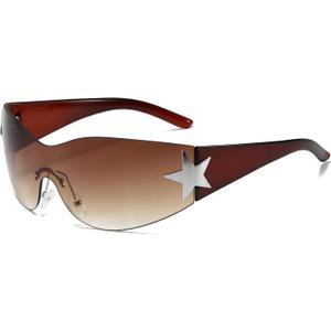 AIEYEZO Fashion Rimless Y2K Sunglasses for Women Men 2000s Wrap Around Style Sun Glasses Trendy Y2K Shades (Brown/Brown Gradient)