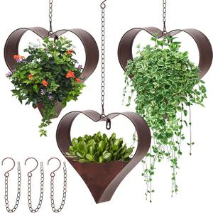 Romooa 3 Pack Metal Plant Hangers Indoor and Outdoor Rustic Heart Shape Hanging Planters Holder Detachable Flower Pot with Hooks Chains Drain Hole Birthday Gifts for Women Mom Garden Lovers Home Decor