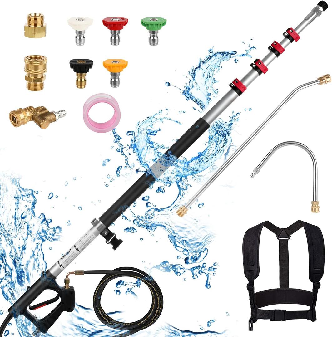 Pressure Washer Extension Wand 24 FT, Extension Pole for Pressure Washer with Gutter Extension, and 5 Spray Nozzle Tips for Roof Fence Window Washing Gutter Cleaner