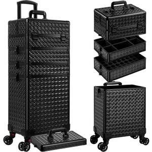 AROUS 5 in 1 Rolling Makeup Train Case Cosmetology Case on Wheels Large Cosmetic Organizer Travel Cart for Hairstylist Artist Nail Beauty Salon Barber, Black (EXP 11/28/35)