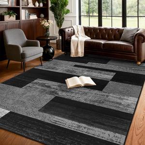 LIANLAM 6x9 Washable Area Rugs for Living Room and Bedroom, Vintage Checkered Pattern Non-Slip Carpet, Stain Resistant Low Pile Soft Rug for Dining Room,Office,Nursery,Kids Room(6x9,Gray)