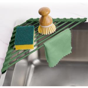 Tomorotec Compact Silicone-Coated Triangle Dish Drying Rack for Sink Corner - Foldable Stainless Steel Over-The-Sink Organizer and Storage Shelf (Army Green)