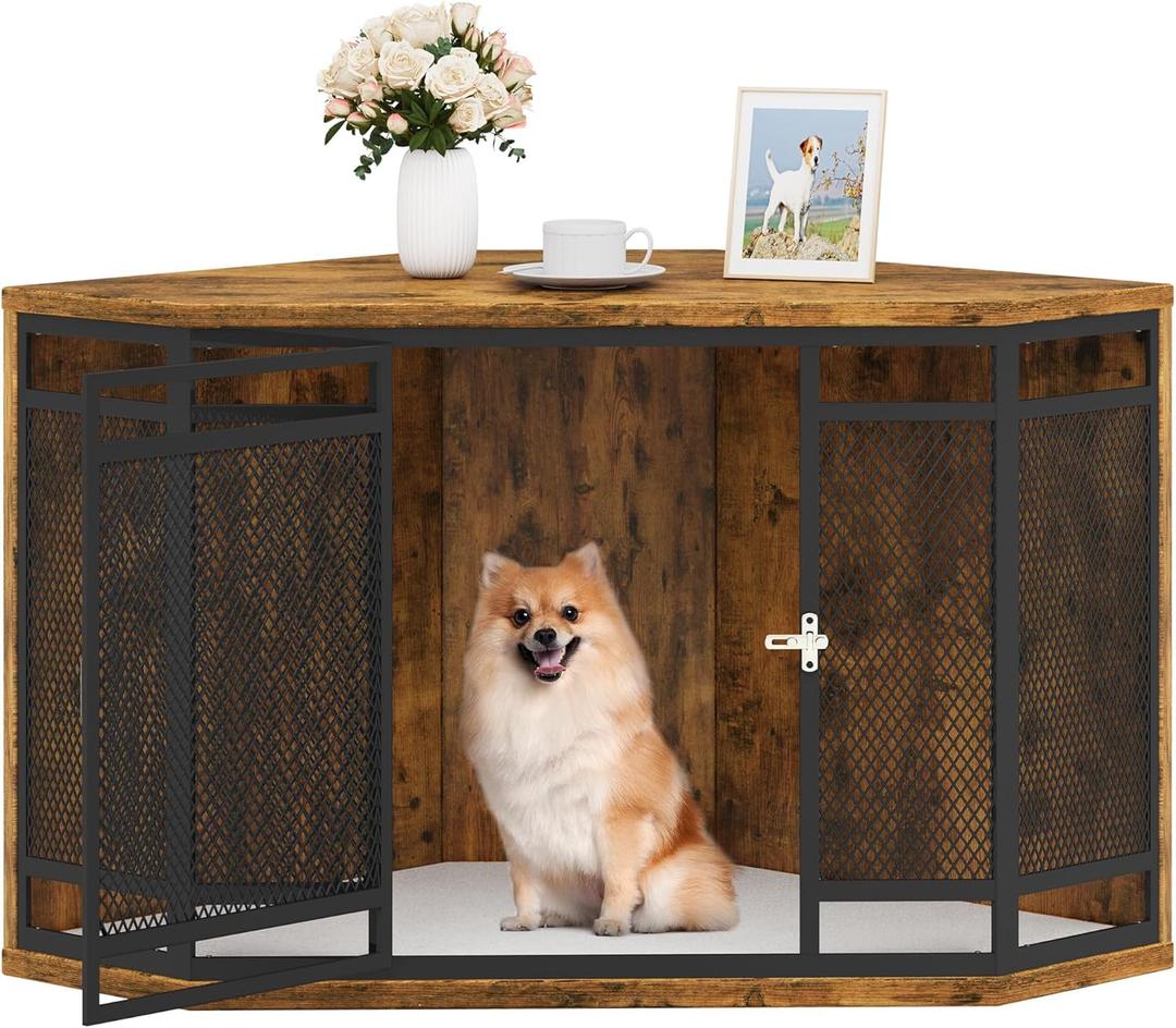 YITAHOME Corner Dog Crate Furniture, 43.7" Wooden Dog Kennel with Dog Cushion, Dog Kennel Corner Wooden End Table for Small Medium Dogs, Brown