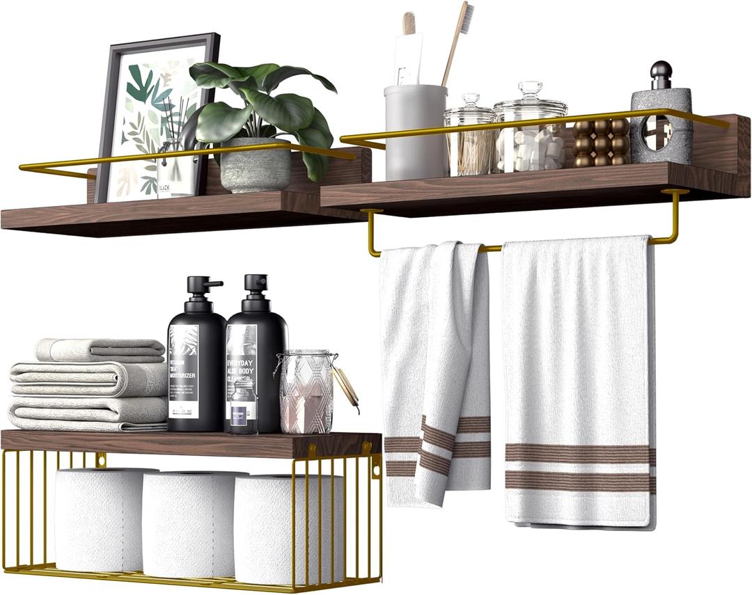 PopiShelves Bathroom Shelves Over Toilet for Wall, Floating Shelves with Storage Basket Paper Holer for Kitchen Living Room, Bedroom & Classroom, Set of 3 (Brown and Gold)