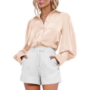 BTFBM Women Satin Blouses Summer Fall Clothes Button Down Lantern Long Sleeve Shirts Work Business Casual Dressy Tops (X-Large, Beige)