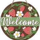 Deroro Welcome Spring Summer Strawberry Front Door Sign, Daisy Flower Farmhouse Wood Door Hanger Outdoor Outside Porch Decor, Rustic Seasonal Wooden Wreath Indoor Wall Hanging Decoration