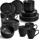 MIAMIO – 30-Piece, Service for 6 Dishware Set/Stoneware Dinnerware Set – Including Plates, Bowls and Mugs – Microwave & Dishwasher Safe – Le Papillon Collection (Black)