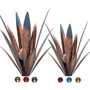 Metal Agave Plant Garden Art, 2 Pack Big Tequila Rustic Sculpture, Rustic Metal Agave Plants Lawn Home Ornaments, for Yard Stakes, Garden Figurines, Outdoor Patio (2 PCS Colorful with Light)