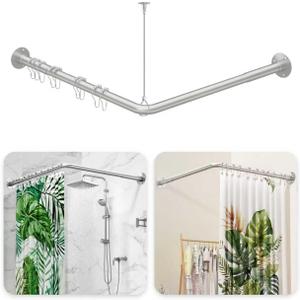 L Shaped Shower Curtain Rod - [39''-52.5''] x [71''-85''] Adjustable Corner Shower Curtain Rod, 90 Degree Shower Rod for Bathroom Bathtub, Clothing Store with 12 Ring Hooks & Ceiling Support Silver