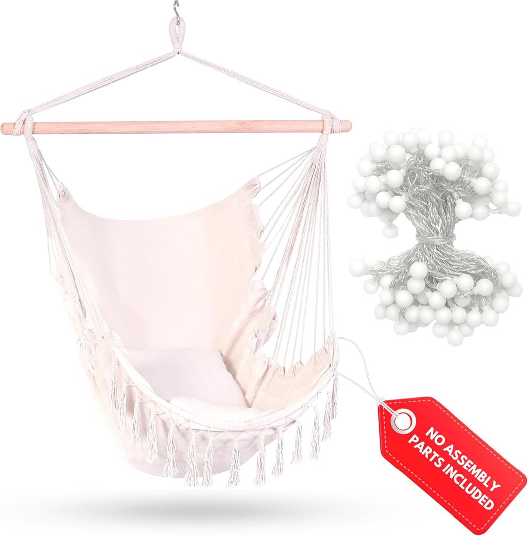 DWELLAST - Swinging Hammock Chair with Led Lights Strip - Outdoor Swing Chair with Side Pocket & Two Comfortable Cushions - Hanging Chair for Bedroom - No Assembly Hardware Included