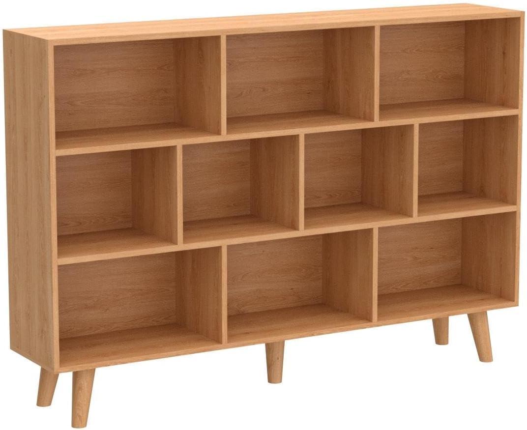 IOTXY Wooden Open Shelf Bookcase - 3-Tier Floor Standing Display Cabinet Rack with Legs, 10 Cubes Bookshelf, Pear Yellow (140CM)