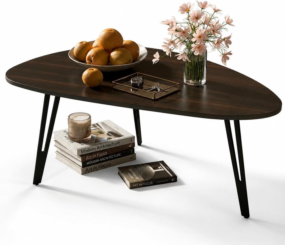 Manora Small Black Coffee Table, Modern Irregular Oval Wood Top with Tapered Metal Legs, Living Room Accent Table, 39.3"x21.6"x17" Low-Profile Table, Standard